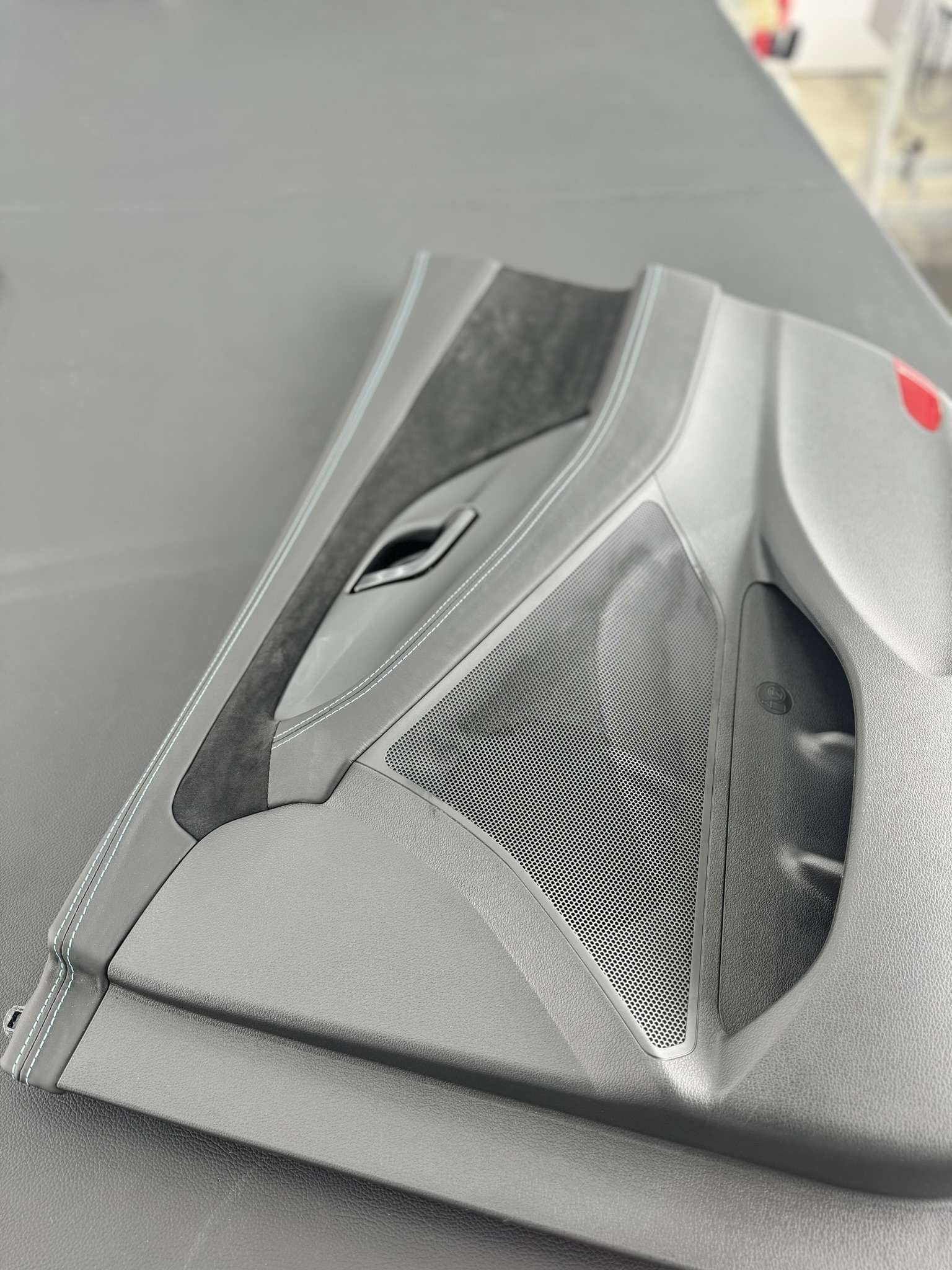 Neu bezogene Türverkleidung in Grau mit Alcantara